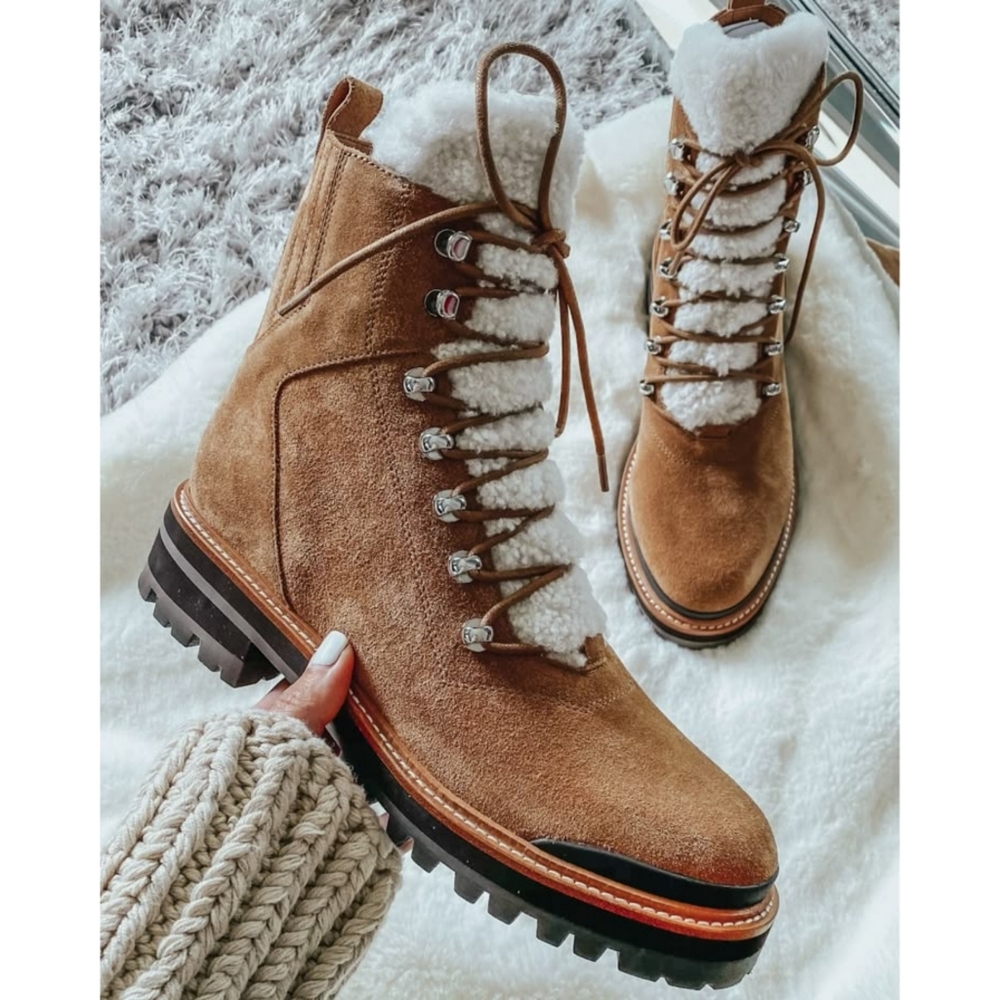 MARC FISHER Izzie Boot Shearling Suede Light Tan Brown Lugsole Lace Up Lizzie 6